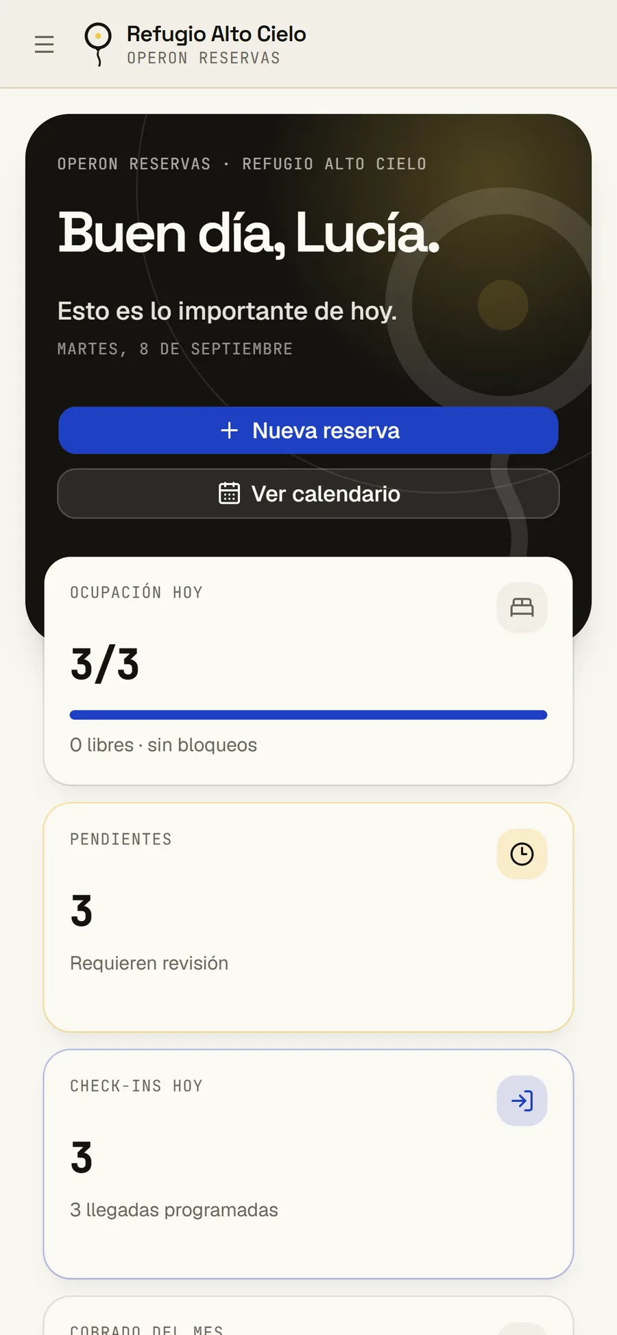 Operon Reservas en el celular: ocupación del día, pendientes, check-ins y cobrado del mes