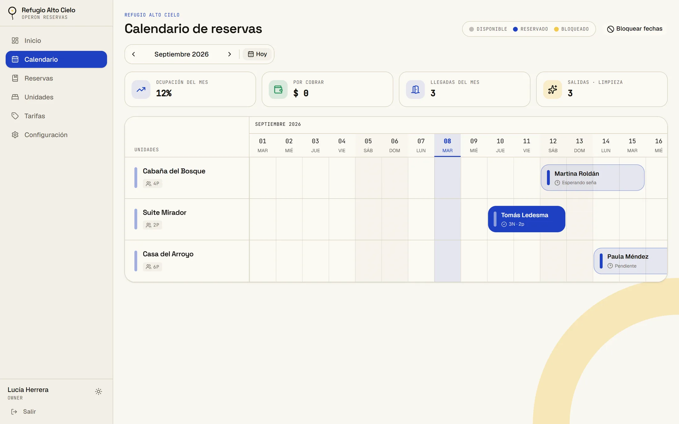 Calendario de reservas de Operon Reservas con tres unidades y las estadías pintadas sobre los días del mes