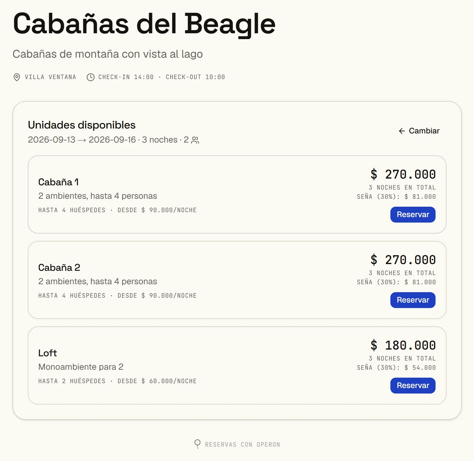 Unidades disponibles para las fechas elegidas, con el total de la estadía y la seña de cada una