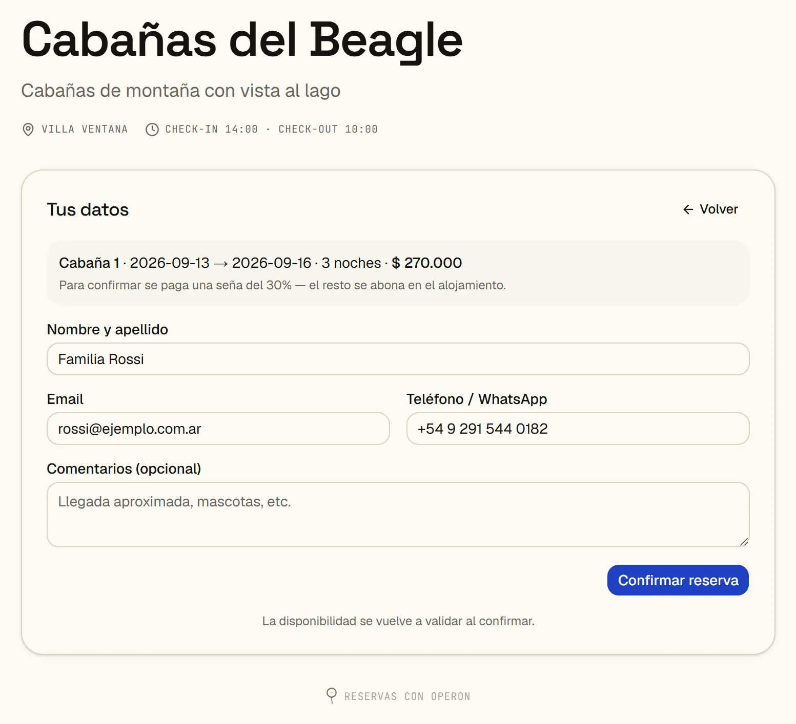 Formulario donde el huésped completa sus datos para confirmar la reserva